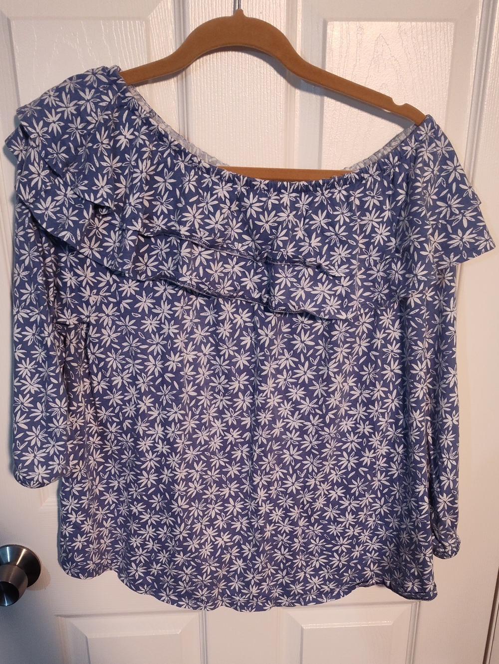 J. Jill Blue and White Floral Ruffle Off-Shoulder Top